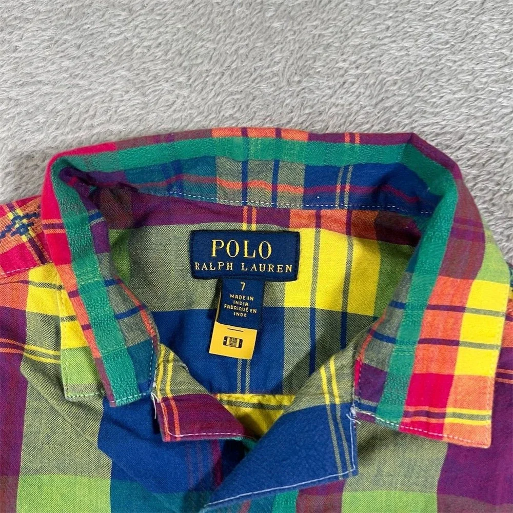 Ralph Lauren Boy's Size 7‎ Plaid Oxford Short Sleeve Button-Up Shirt Multicolor